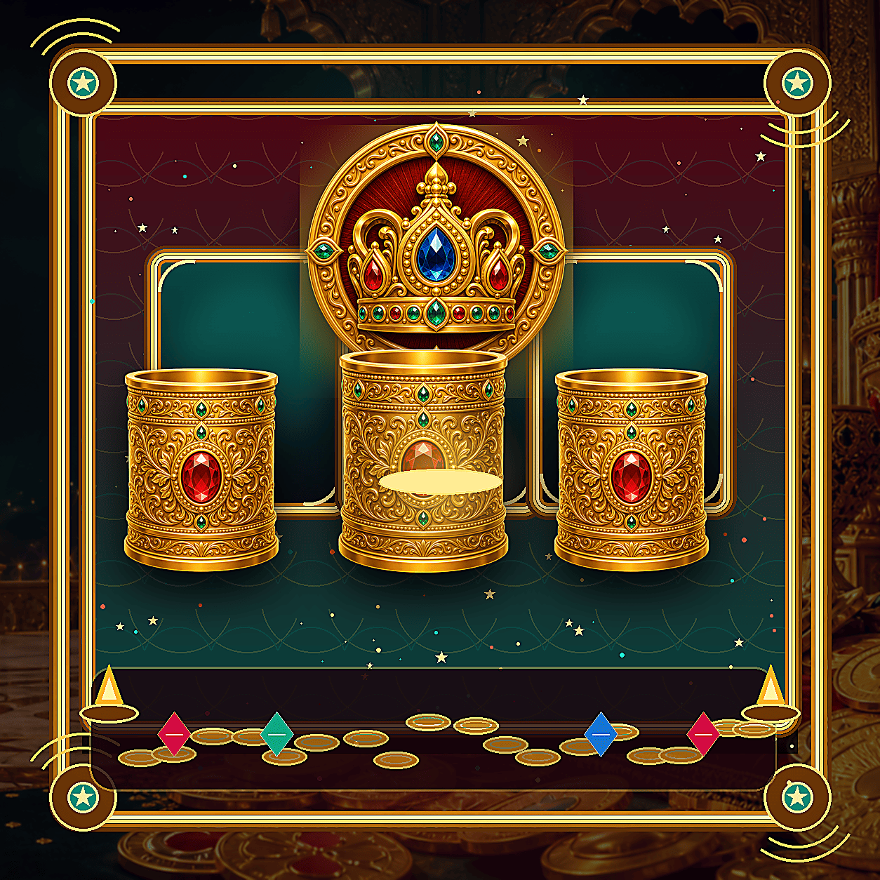 Golden jeweled cups and crown token banner for Crown Cup Quest