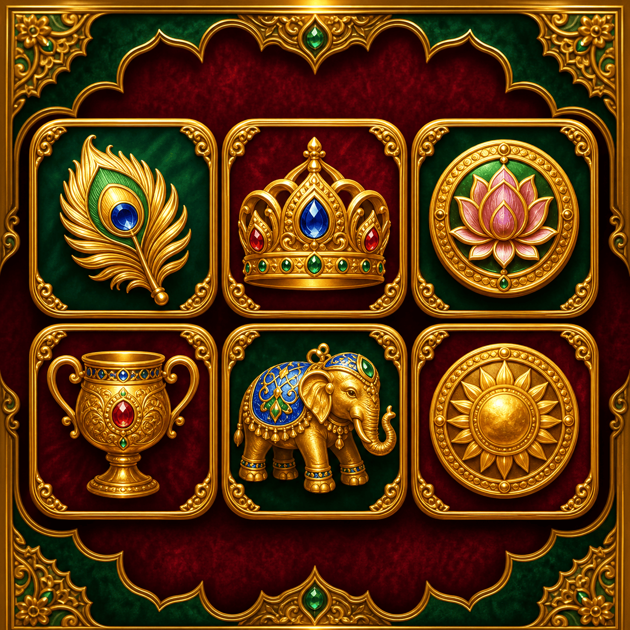 Golden peacock, crown, lotus, cup, elephant and sun symbols for Peacock Palace Reels